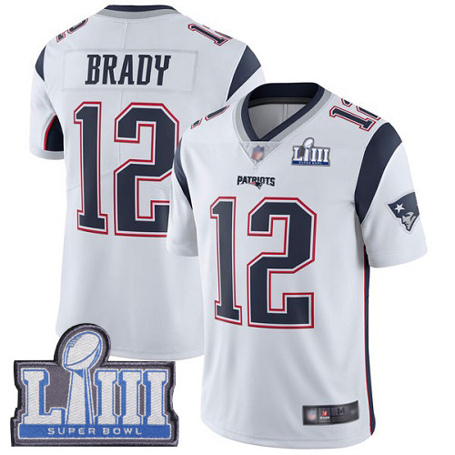 New England Patriots Football #12 Super Bowl LIII Bound Vapor Limited White Men Tom Brady Road NFL Jersey